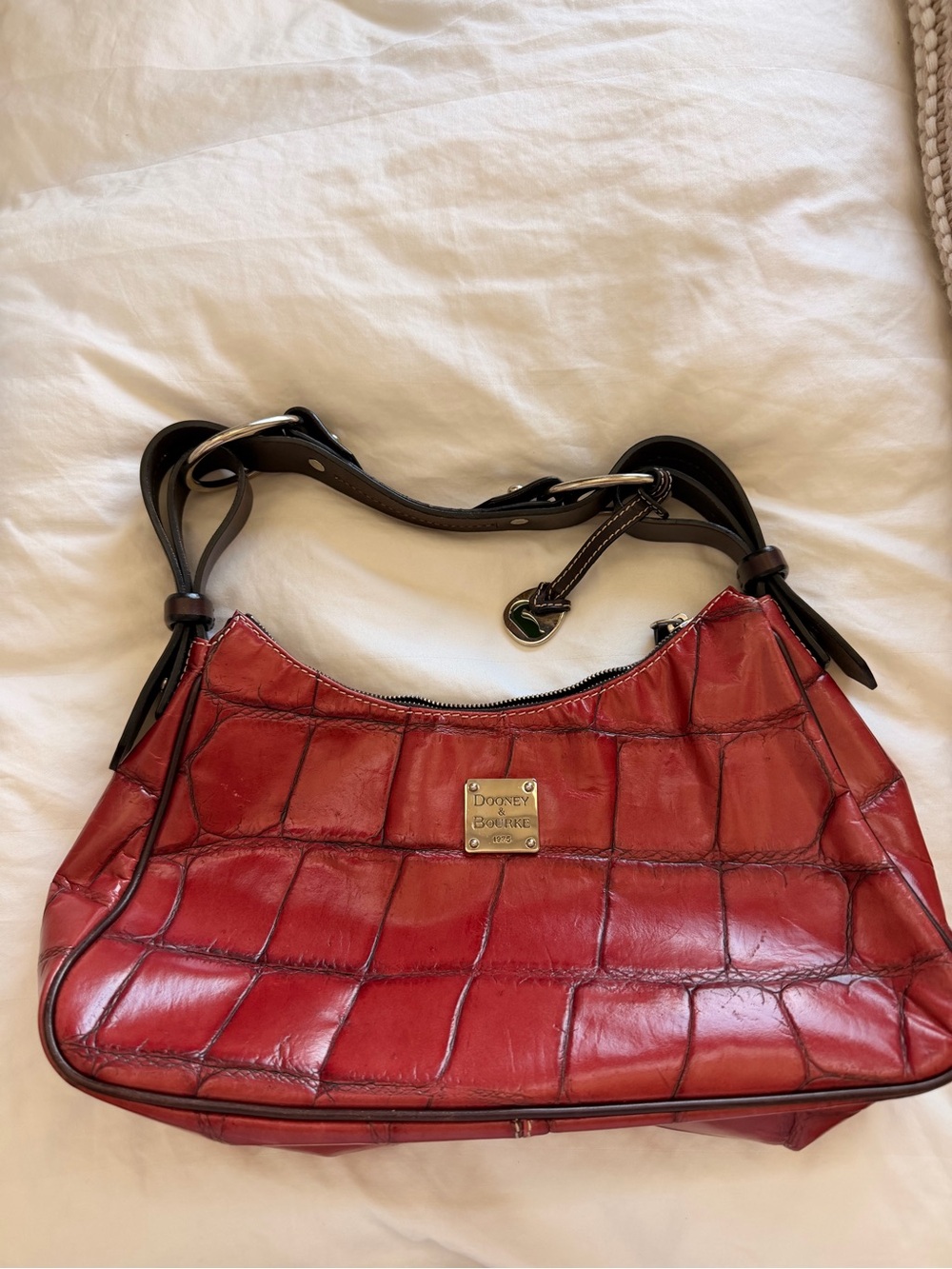 Dooney & Bourke Red Croc-Embossed Shoulder Bag with Dark Strap